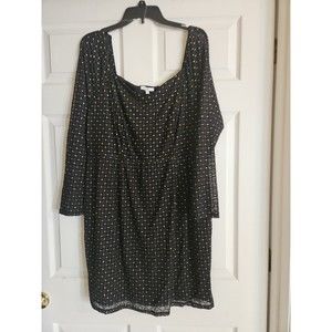 AUW 3X Black Mesh Dress With Gold Glitter Polka Dots Long Sleeve NWT
